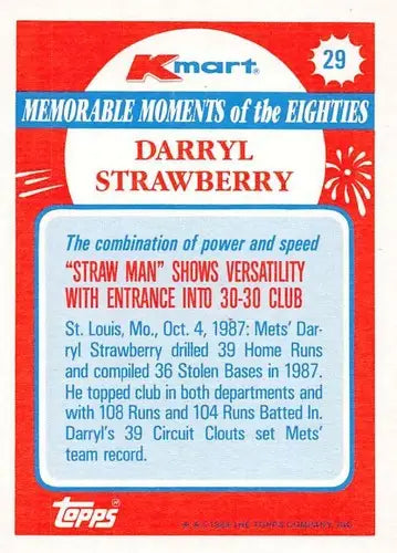 1988 Topps K-Mart Memorable Moments #29 Darryl Strawberry NM-MT Mets ID:76814 - Baseball Card Single