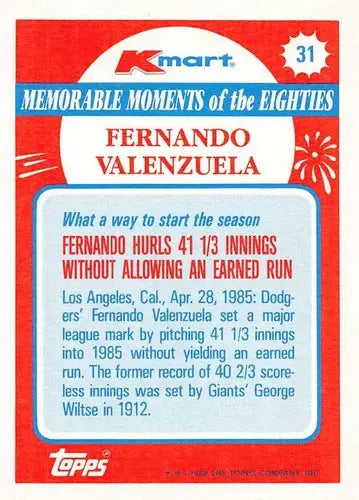 Red and white baseball card of Fernando Valenzuela from 1988 Topps K-Mart collection