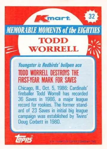 Original gloss Todd Worrell baseball card from 1988 Topps K-Mart Memorable Moments series