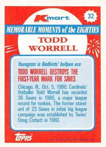 1988 Topps K-Mart Memorable Moments #32 Todd Worrell NM-MT Cardinals ID:76816 - Baseball Card Single