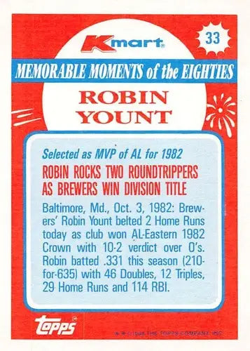 1988 Topps K-Mart Memorable Moments #33 Robin Yount NM-MT Brewers ID:76817 - Baseball Card Single