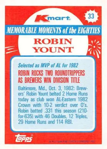 Original gloss Robin Yount baseball card from 1988 Topps Memorable Moments collection