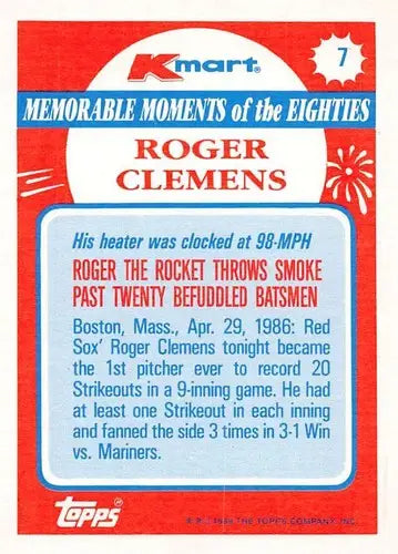 1988 Topps K-Mart Memorable Moments #7 Roger Clemens NM-MT Red Sox ID:76792