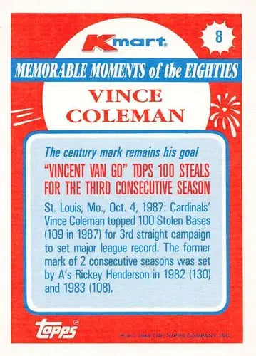 Original gloss of Vince Coleman baseball card featuring memorable moments from 1988 Topps K-Mart