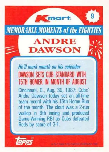 Andre Dawson baseball card showcasing 1988 Topps K-Mart memorable moments with original gloss