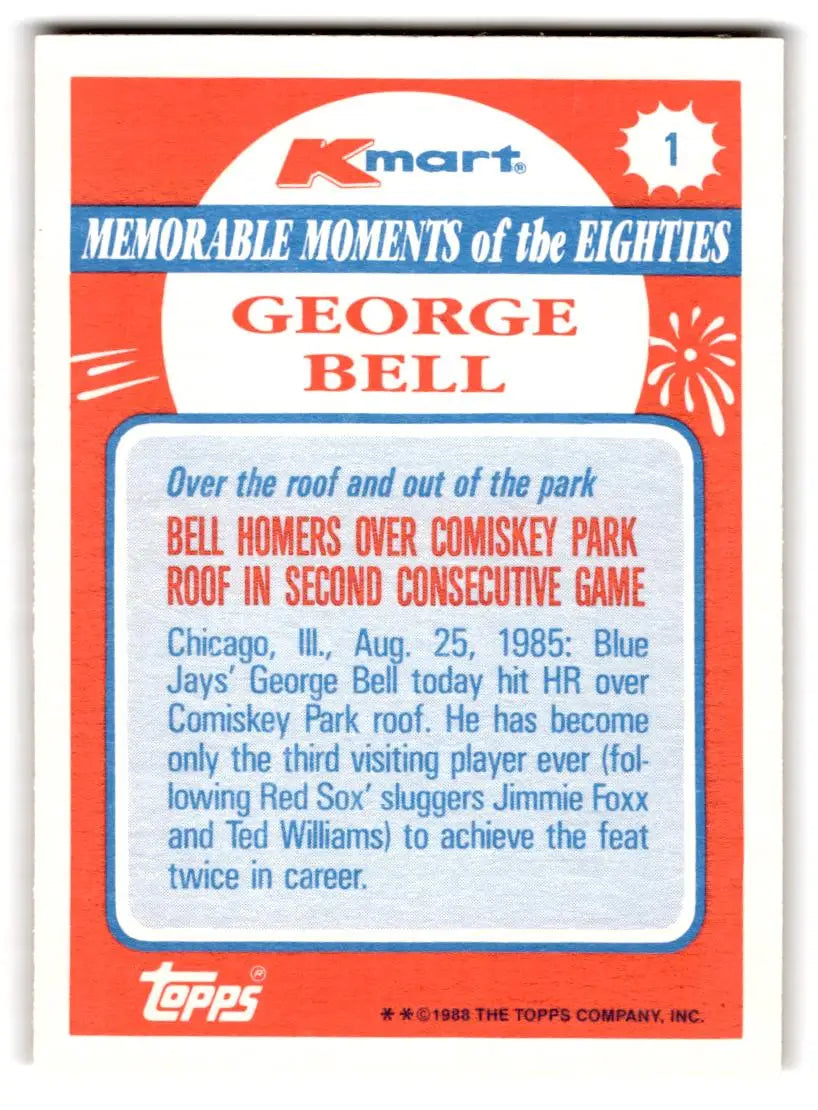 1988 Topps Kmart Memorable Moments #1 George Bell - Baseball Card Single