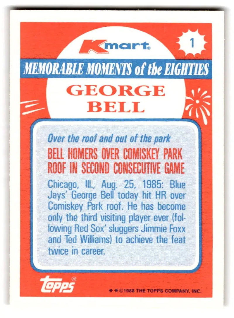 1988 Topps Kmart Memorable Moments #1 George Bell - Baseball Card Single