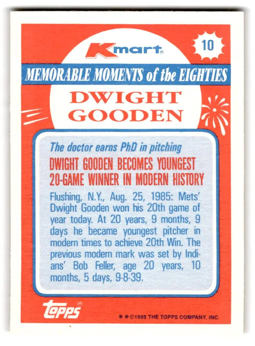 1988 Topps Kmart Memorable Moments #10 Dwight Gooden - Baseball Card Single