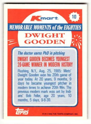 1988 Topps Kmart Memorable Moments #10 Dwight Gooden NM ID:50250 - Baseball Card Single