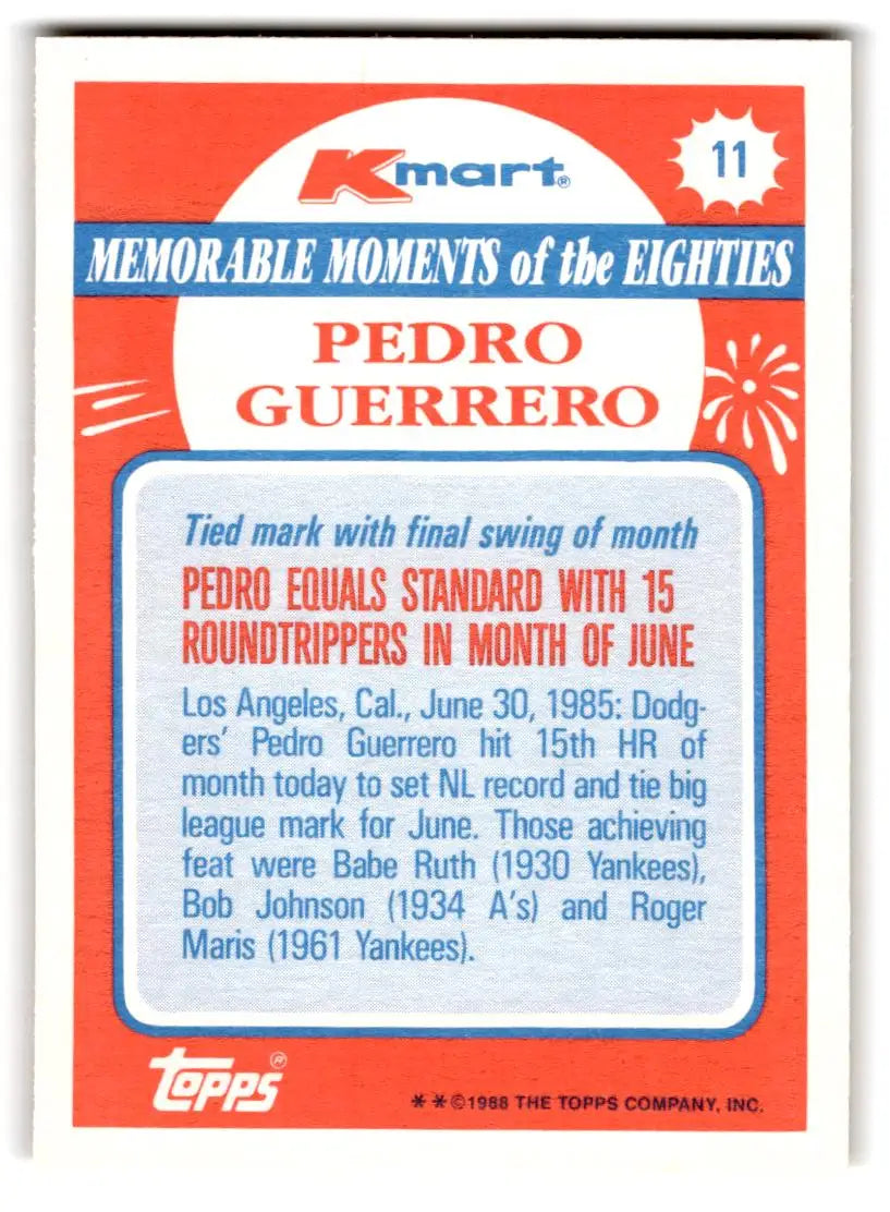 1988 Topps Kmart Memorable Moments #11 Pedro Guerrero - Baseball Card Single