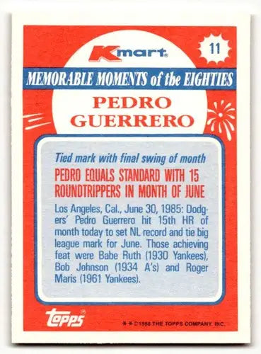 1988 Topps Kmart Memorable Moments #11 Pedro Guerrero Los Angeles Do ID:63215 - Baseball Card Single