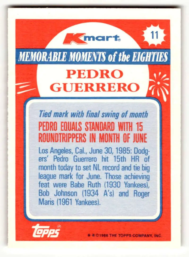 1988 Topps Kmart Memorable Moments #11 Pedro Guerrero NM ID:50266 - Baseball Card Single