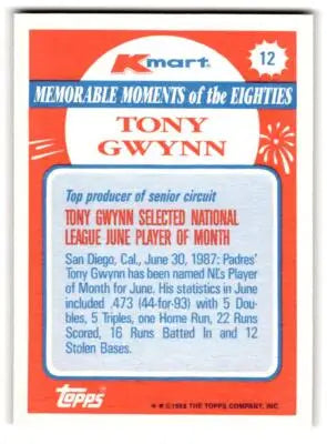 1988 Topps Kmart Memorable Moments #12 Tony Gwynn
