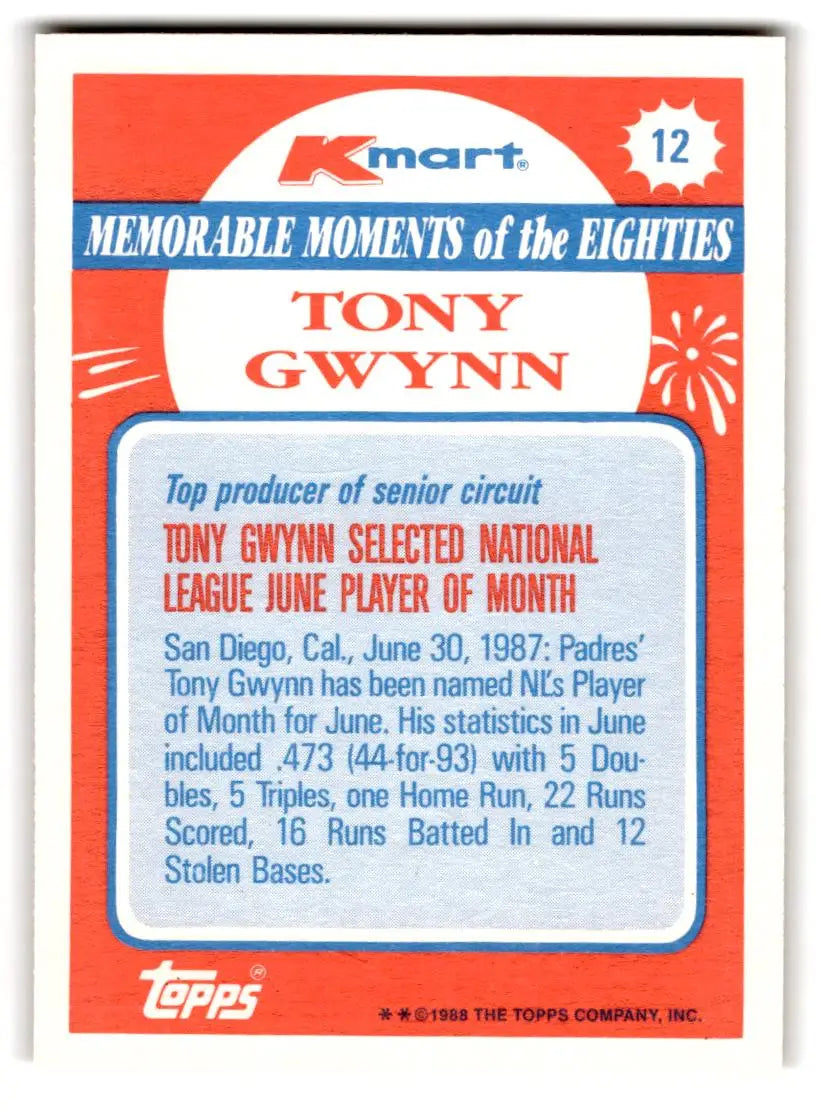 1988 Topps Kmart Memorable Moments #12 Tony Gwynn - Baseball Card Single
