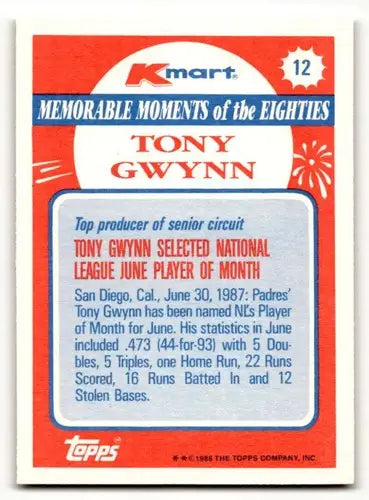 1988 Topps Kmart Memorable Moments #12 Tony Gwynn San Diego Padres B ID:63208 - Baseball Card Single