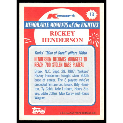 1988 Topps Kmart Memorable Moments #13 Rickey Henderson NM-MT New York Yankees Baseball Card