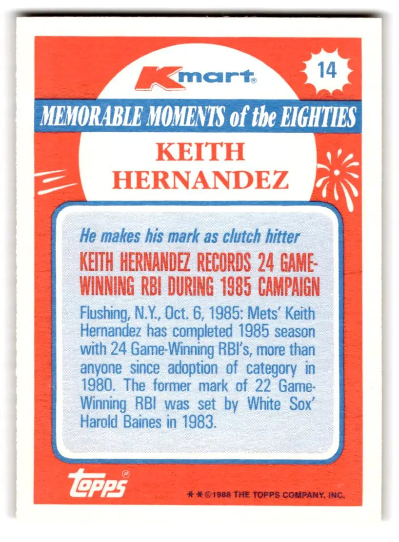 1988 Topps Kmart Memorable Moments #14 Keith Hernandez - Baseball Card Single