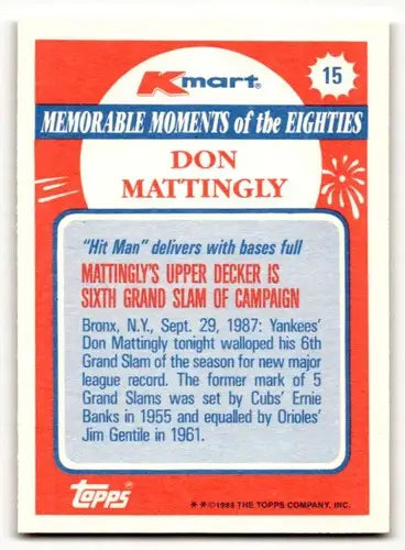 1988 Topps Kmart Don Mattingly baseball card with original gloss featuring New York Yankees