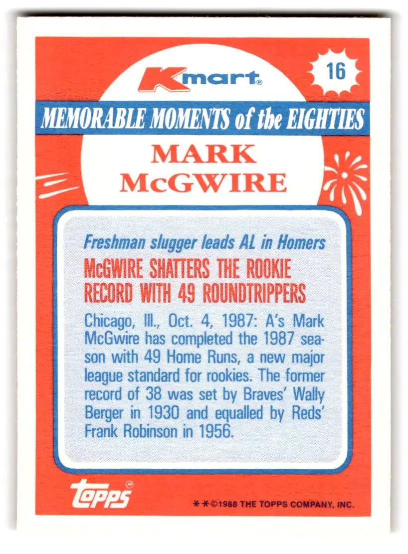 1988 Topps Kmart Memorable Moments #16 Mark McGwire - Baseball Card Single