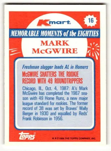 Original gloss of Mark McGwire baseball card from 1988 Topps Kmart Memorable Moments