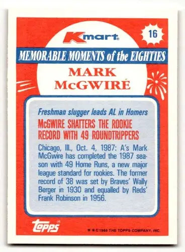 1988 Topps Kmart Memorable Moments Mark McGwire baseball card with original gloss