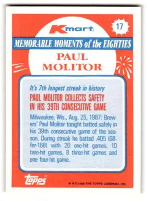 1988 Topps Kmart Memorable Moments #17 Paul Molitor - Baseball Card Single