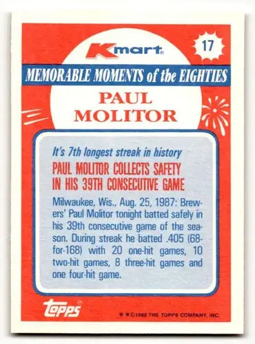 1988 Topps Kmart Memorable Moments #17 Paul Molitor Milwaukee Brewer ID:63200 - Baseball Card Single