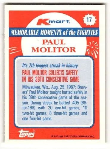 Original gloss 1988 Topps Kmart Paul Molitor baseball card in mint condition