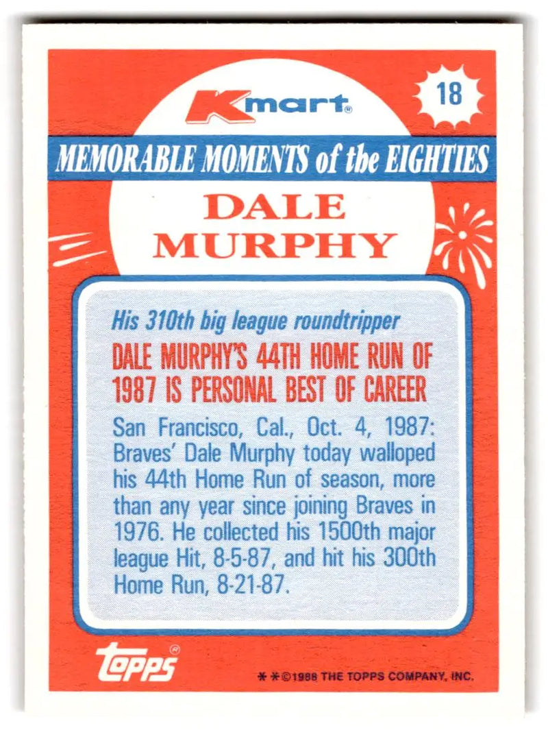 1988 Topps Kmart Memorable Moments #18 Dale Murphy Atlanta Braves BASEBALL Cards - Baseball Card Single