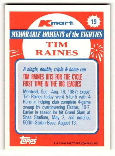 1988 Topps Kmart Memorable Moments #19 Tim Raines NM ID:50269 - Baseball Card Single