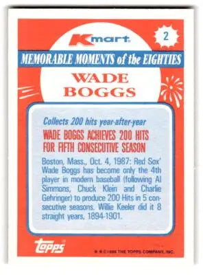 1988 Topps Kmart Memorable Moments #2 Wade Boggs Boston Red Sox BASEBALL Cards