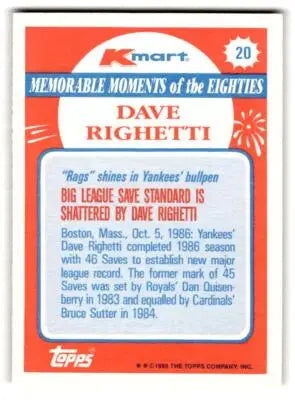 1988 Topps Kmart Memorable Moments #20 Dave Righetti