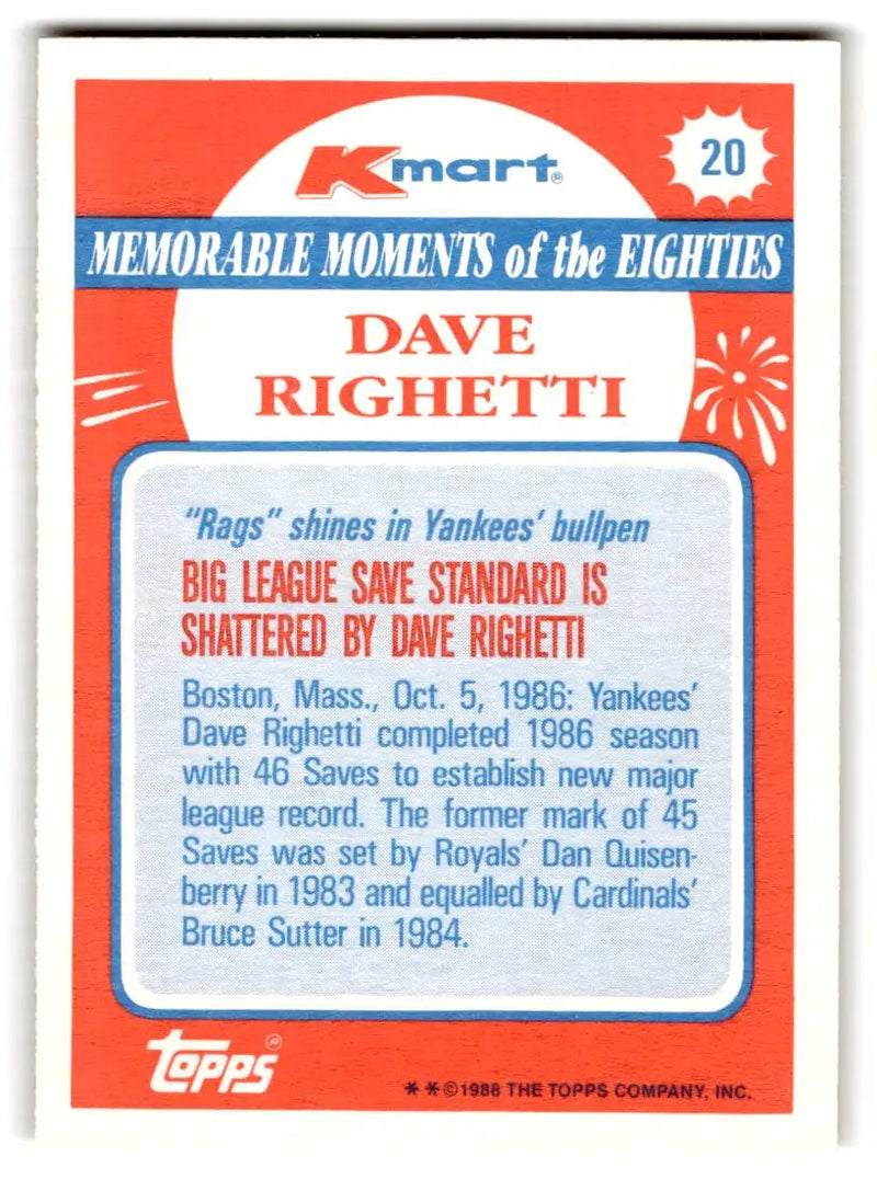 1988 Topps Kmart Memorable Moments #20 Dave Righetti - Baseball Card Single