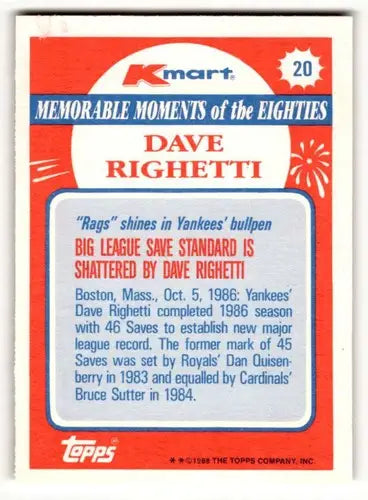 1988 Topps Kmart Memorable Moments #20 Dave Righetti NM ID:50245 - Baseball Card Single