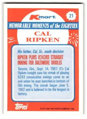 1988 Topps Kmart Memorable Moments #21 Cal Ripken
