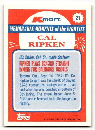 Cal Ripken baseball card from 1988 Topps Kmart with original gloss in the Baltimore Orioles collection