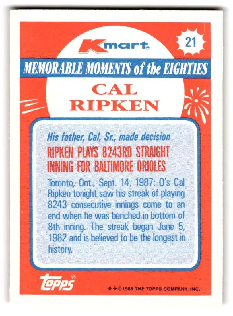 1988 Topps Kmart Memorable Moments #21 Cal Ripken - Baseball Card Single