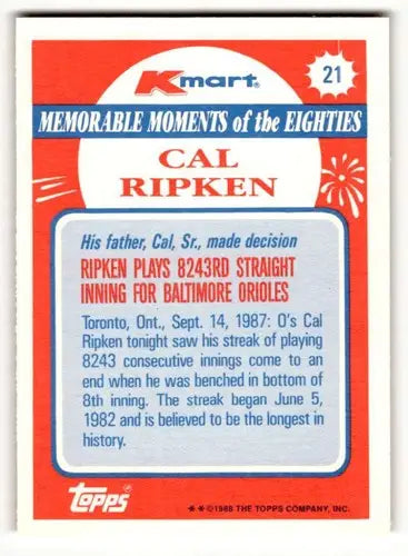 1988 Topps Kmart Memorable Moments #21 Cal Ripken NM ID:50270 - Baseball Card Single