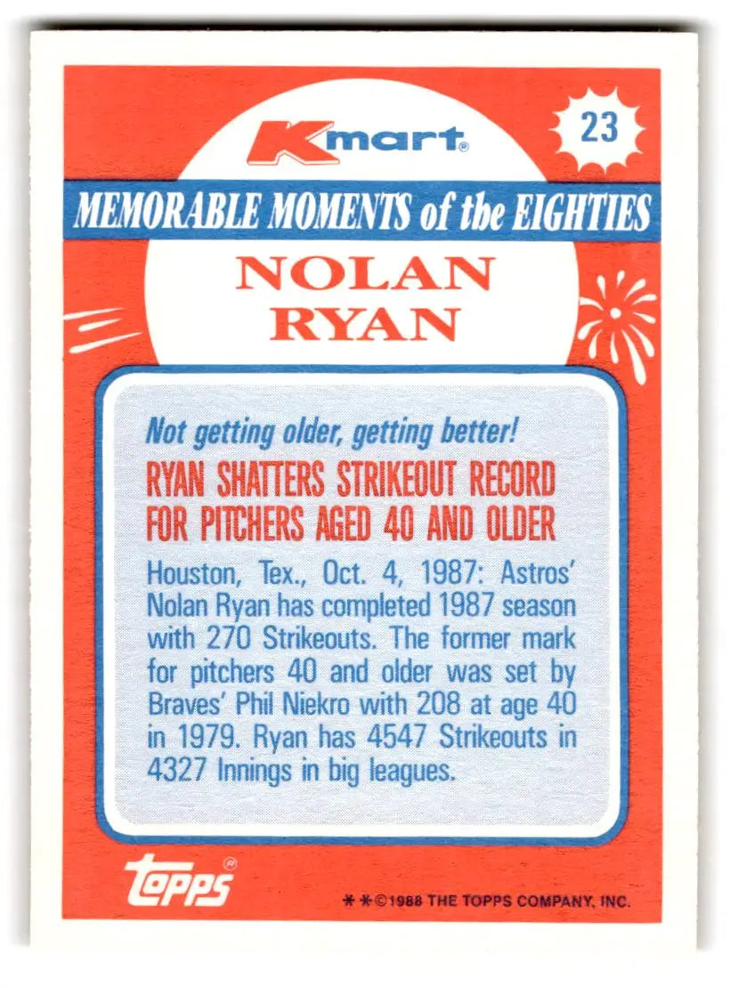 1988 Topps Kmart Memorable Moments #23 Nolan Ryan Houston Astros BASEBALL Cards - Baseball Card Single