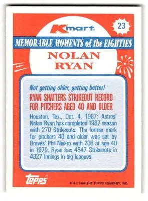 1988 Topps Kmart Memorable Moments #23 Nolan Ryan Houston Astros BASEBALL Cards - Baseball Card Single