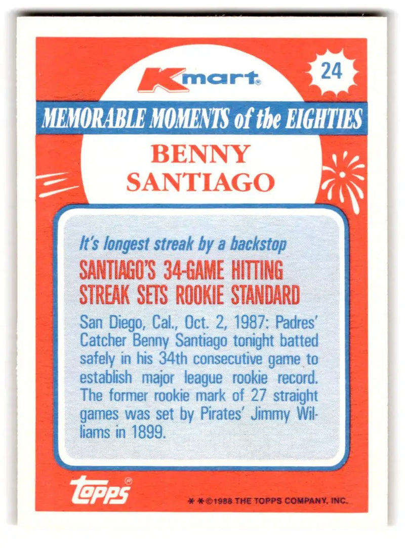 1988 Topps Kmart Memorable Moments #24 Benny Santiago - Baseball Card Single