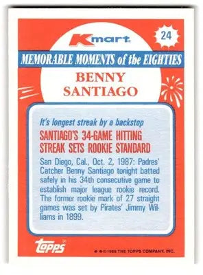 1988 Topps Kmart Memorable Moments #24 Benny Santiago - Baseball Card Single