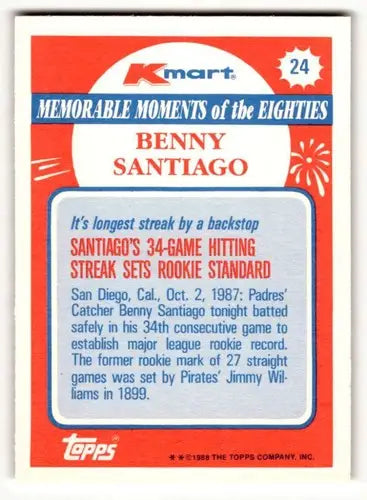 1988 Topps Kmart Memorable Moments #24 Benny Santiago NM ID:50261 - Baseball Card Single