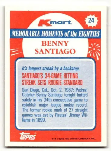 Original gloss of Benny Santiago baseball card from 1988 Topps Kmart Memorable Moments series