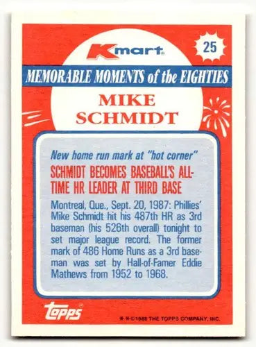 1988 Topps Kmart Memorable Moments #25 Mike Schmidt Philadelphia Phi ID:63224 - Baseball Card Single