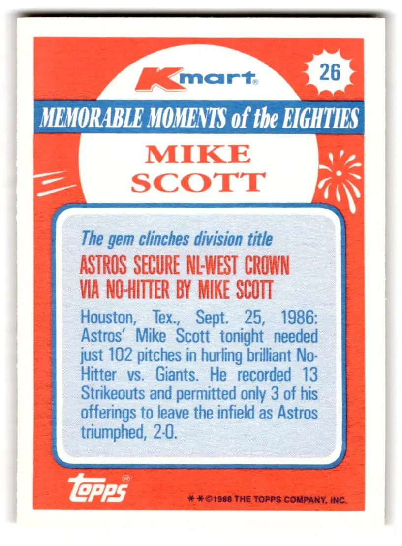 1988 Topps Kmart Memorable Moments #26 Mike Scott Houston Astros BASEBALL Cards - Baseball Card Single