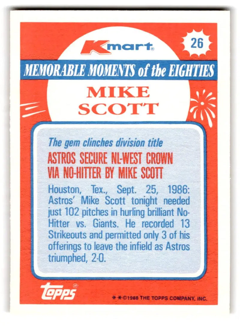 1988 Topps Kmart Memorable Moments #26 Mike Scott Houston Astros BASEBALL Cards - Baseball Card Single