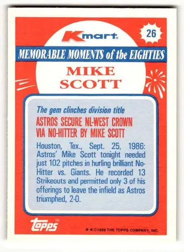 1988 Topps Kmart Mike Scott baseball card back with original gloss and vibrant design