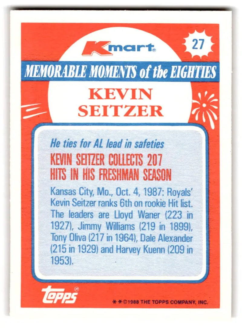 1988 Topps Kmart Memorable Moments #27 Kevin Seitzer - Baseball Card Single