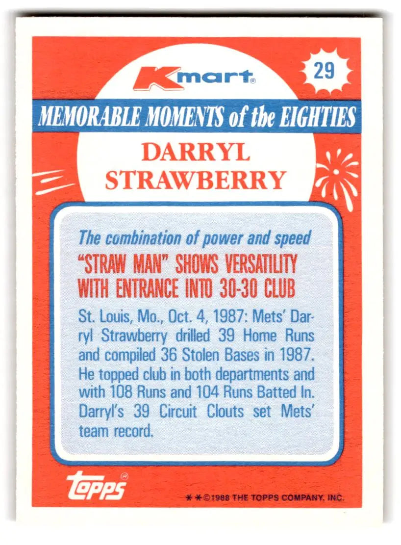 1988 Topps Kmart Memorable Moments #29 Darryl Strawberry - Baseball Card Single